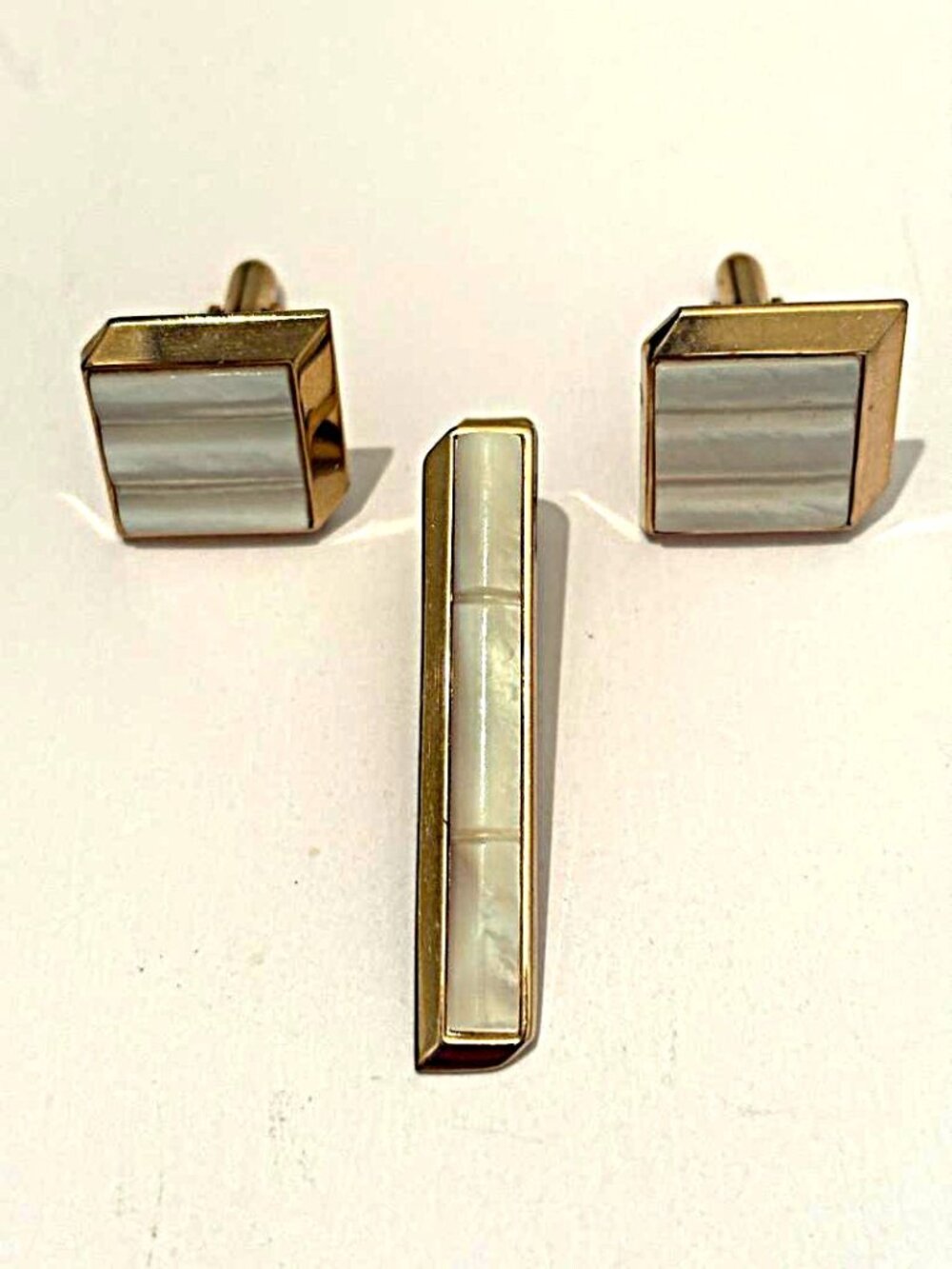 Vintage MCM Swank Mother of Pearl Cuff Links & Tie Clip Set - Geometric 1950/60s